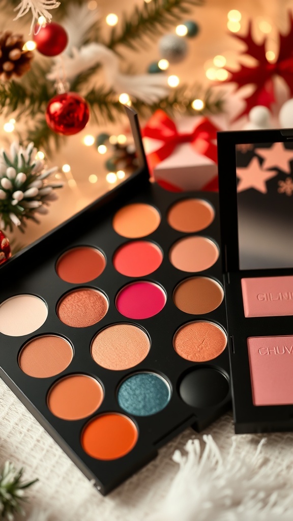 A colorful Christmas makeup palette with eyeshadows, highlighter, and blush on a festive background.